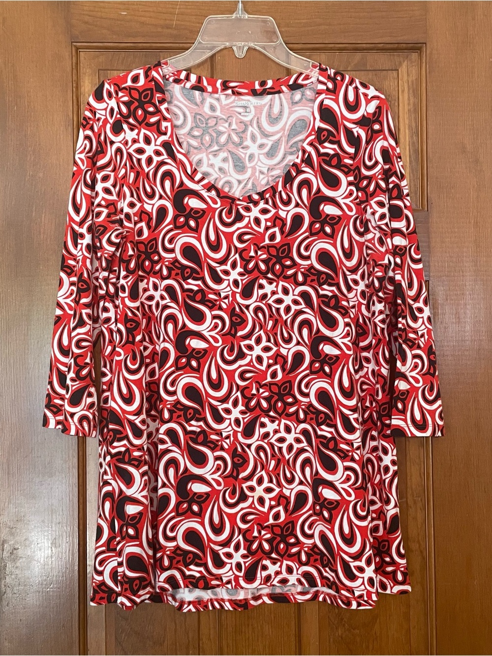 Kim Rogers Women’s Red Patterned Scoop Neck Tunic Length Top 1/4 Sleeve, Size M